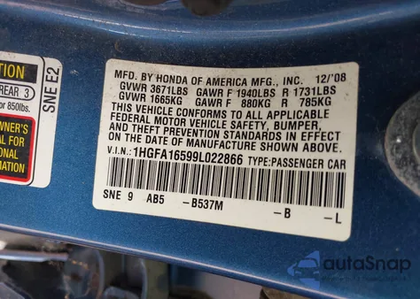 2009 Honda Civic Lx из США, поврежденный, VIN 1HGFA16599L022866